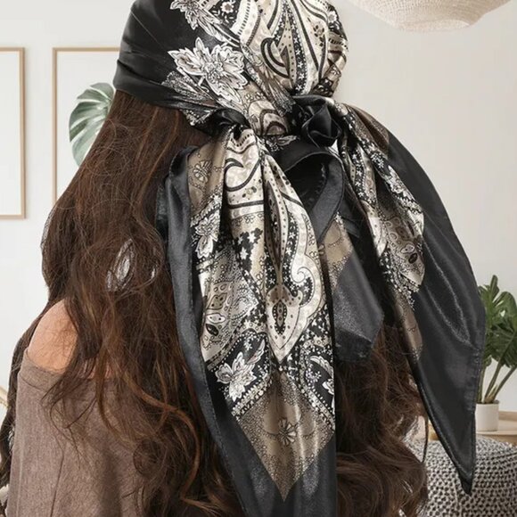 2/$30 Black & Grey Paisley Floral Silk Scarf Satin Bandana Headscarf Neck Tie - Picture 4 of 4